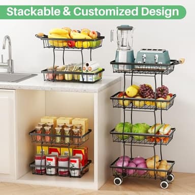 Fruit Basket Kitchen Pantry Organizers and Storage - 4 Tier Stackable Metal Wire Basket Stand for Fruit Vegetable Snacks Jars Bins Containers Organization, Black - Image 2