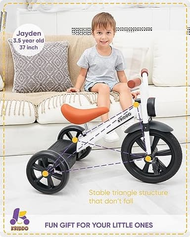 KRIDDO Kids Tricycle, 12 Inch Puncture Free Wheel w Front Light, Adjustable Seat Height, Gift for 2-5 Year Olds, White - Image 3