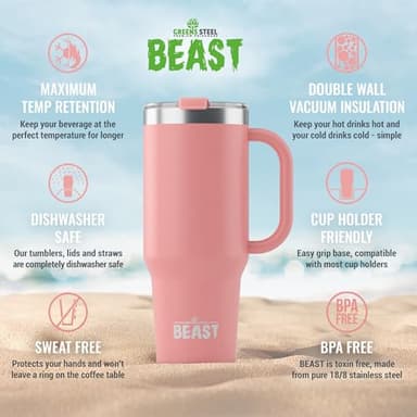 Beast 50 oz Tumbler Stainless Steel Vacuum Insulated Coffee Ice Cup Double Wall Travel Flask (Blossom Pink) - Image 4