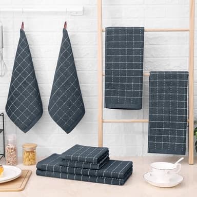 Homaxy Kitchen Towels and Dishcloths Set, 12 x 12 and 13 x 28 Inches, Set of 12 Bulk Cotton Terry Kitchen Towels Set, Checkered Designed, Soft and Super Absorbent Dish Towels, Dark Grey - Image 8