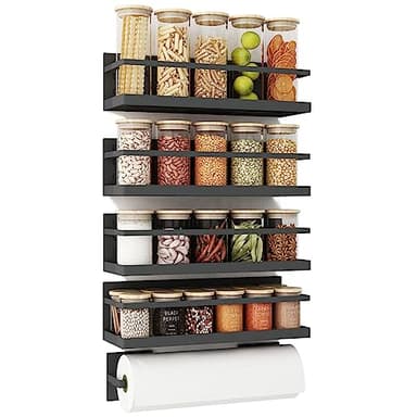 Roysili Magnetic Spice Rack for Refrigerator Magnetic Fridge Shelf for Kitchen Spice Organizer Magnetic Shelf for Fridge Space Saving Black 4 Pack with Magnetic Paper Towel Holder - Image 1
