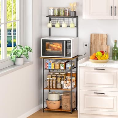 5 Tier Coffee Bar Station, Kitchen Stand with 4 S-Shaped Hooks, Farmhouse Corner Coffee Bar Cabinet for Small Spaces, Bakers Rack for Kitchen, Entryway, Living Room, 13.43" D x 18.93" W x 53.31" H - Image 3