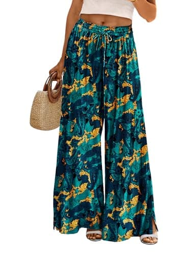 YESNO Women Summer Boho Palazzo Pants High Waist Wide Leg Floral Casual Cotton Lounge Trousers with Pockets XL PP0 CR438 - Image 1