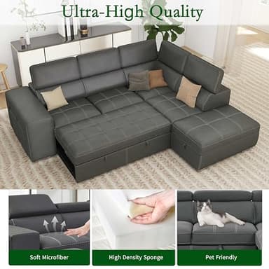 THSUPER 104'' Microfiber L Shaped Sectional Sleeper Sofa Couch with Pull Out Bed and Storage Ottoman, Convertible Couches with Adjustable Headrest for Living Room, Right Facing Chaise. Charcoal Grey - Image 6
