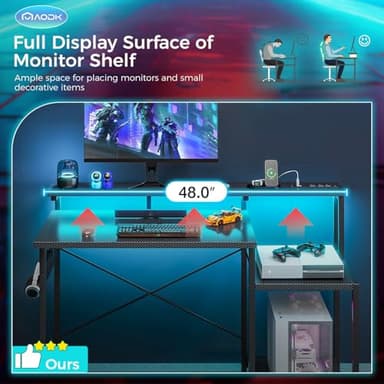 AODK Computer Desk, 48 Inch Gaming Desk with Led Lights & Power Outlet, Office Desk with Storage Shelves, Reversible Desk with Monitor Shelf & Headphone Hook, Carbon Fiber Black - Image 8