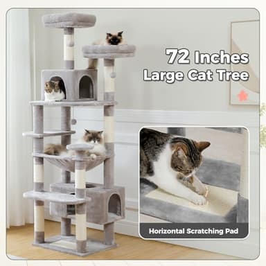 PAWZ Road Large 72 Inch Cat Tree and Tower for Indoor Cats - With Sisal-Covered Scratching Posts, Padded Perches, Condos, and Basket - Gray - Image 6