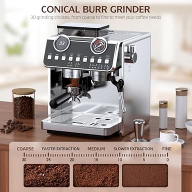 QJA Espresso Machine with Grinder, 20 Bar Pressure Professional Espresso Maker with 30 Grinding Settings, 58mm Portafilte, Anti-scalding Milk Frother Steam Wand for Latte Cappuccino (Stainless Steel) - Image 3