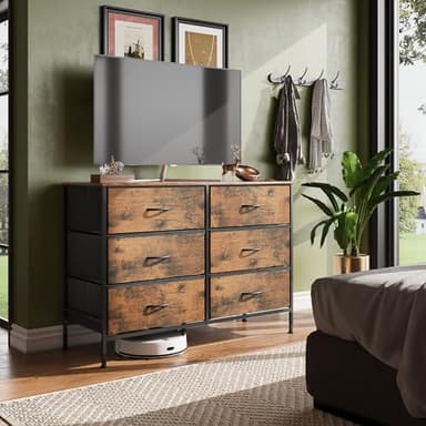 WLIVE Dresser for Bedroom with 6 Drawers, Wide Fabric Dresser TV Stand for 50 Inches TV, with Metal Frame, Wooden Top, Fabric Storage Dressers for Bedroom, Hallway, Entryway, Rustic Brown - Image 2