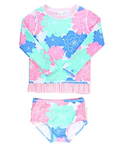 RuffleButts Baby/Toddler Girls Long Sleeve Rash Guard UPF50+ Sun Protected Bikini Swimsuit - Pastel Petals X, 3-6m - Image 1