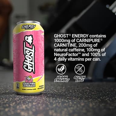 GHOST Energy Drink - 12-Pack, Sour Pink Lemonade, 16oz Cans - Energy & Focus & No Artificial Colors - 200mg of Natural Caffeine, L-Carnitine & Taurine - Gluten-Free & Vegan - Image 5