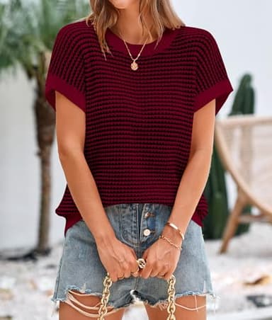 PRETTYGARDEN Womens Short Sleeve Sweater Spring Summer 2025 Round Neck Striped Pullover Cap Sleeve Knit Sweater Vest Tops(Wine Red,Small) - Image 3