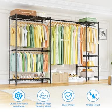 Ulif E10 Clothes Rack（With Stretchable Hanger Rod）Freestanding Clothing Racks for Hanging Clothes，Adjustable Closet Organizer System，Portable Garment Rack 73-97"W x 15" D x 72" H，Max Load 800LBS，Black - Image 3