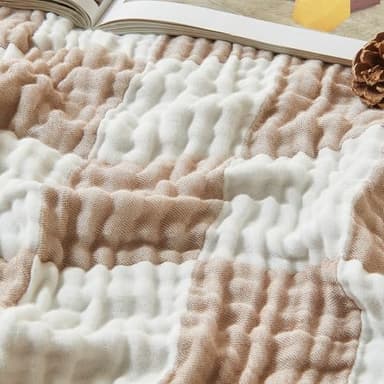 EMME Checkered Cotton Blanket Queen Size for Bed Soft Large Muslin Bed Blankets 80"x90" Lightweight Breathable Cooling All Season Gauze, Light Tan - Image 7