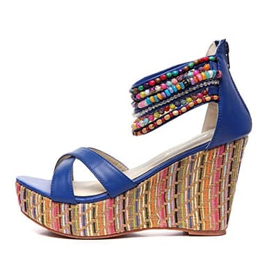 getmorebeauty Women's Navy Blue Weave Wedge With Pearls Across The Top Platform High Heels 10 US - Image 6