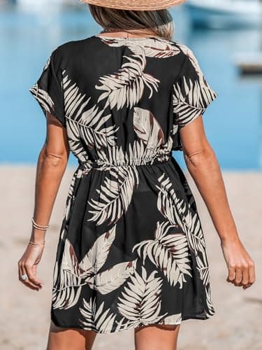 CUPSHE Women's Swimsuit Cover Ups V Neck Bathing Suits Short Sleeve Bikini Coverup Swimwear Dress Brown Leaf,L - Image 2