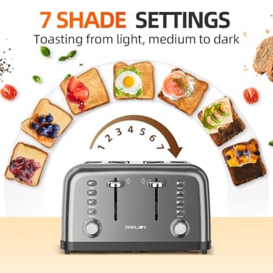 RAMJOY Grey Toaster 4 Slice, Dual Independent Controls, Extra Wide Slot Toasters for Bagel, Bread, Waffles, 7 Shade Settings, 4 Main Functions, Removable Crumb Tray, 1500 Watts, Grey Stainless Steel - Image 4