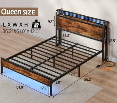Furnulem Queen Bed Frame with Charging Station and LED Lights,Industrial Platform Beds Queen Size with Storage Headboard,USB Port,Rustic Wood and Strong Metal Support,No Box Spring Needed, Noise Free - Image 2