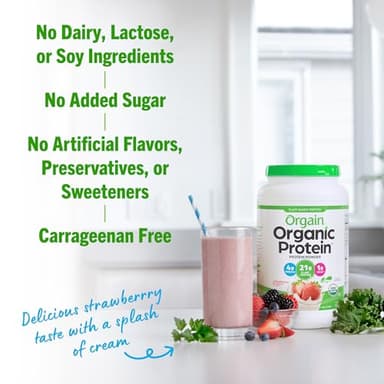 Orgain Organic Vegan Protein Powder, Strawberries & Cream - 21g of Plant Based Protein, Low Net Carbs, Gluten/ Lactose Free, No Sugar Added, Soy Free, Non-GMO, 2.03 Lb - Image 5