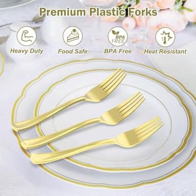 100 Count Heavy Duty Gold Plastic Forks Disposable, BPA-Free, Heat Resistant, Solid and Durable Premium Plastic Disposable Forks for Party Supply - Image 4