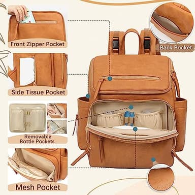 Omanmoli Diaper Bag Backpack Large Baby Diaper Bag Leather with 17 Diaper Bag Organizing Pouches,Changing Pad,Stroller Straps,4 Insulated Pockets,Honey - Image 3