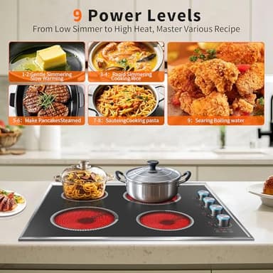 Pladeca 4 Burner Electric Cooktop, 24 Inch Electric Stove 6000W, 220V-240V Built-in Ceramic Stovetop with Knob Control, Child Lock, Timer Control, Residual Heat Indicator, Hard Wire(No Plug) - Image 7