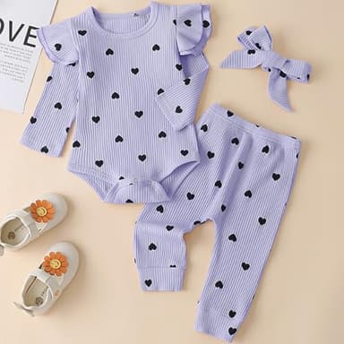 Fullfamous Infant Baby Girl Clothes Fall Winter Outfits Long Sleeve Clothing Onesie Pant Set Gifts 3-6 months Lavender Heart - Image 3