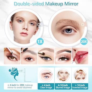 Makeup Mirror with Lights, 20X Magnifying Mirror with Light and Adjustable Brightness,Vanity Mirror with Lights and 3 Colors, 2-Sided Travel Mirror with Light, Tabletop Mirrors for Home and Outside - Image 3