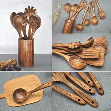 Wooden Spoons for Cooking,10 Pcs Natural Teak Wooden Kitchen Utensils Set Wooden Utensils for Cooking Wooden Cooking Utensils Wooden Spatulas for Cooking (10) - Image 3