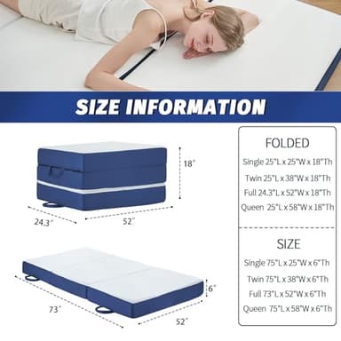 Folding Mattress Full Size,6 inch Memory Foam Tri Portable Trifold Mattress Topper Full with Breathable & Washable Cover, Foldable Guest Bed for Camping (52"×73"×6") - Image 2