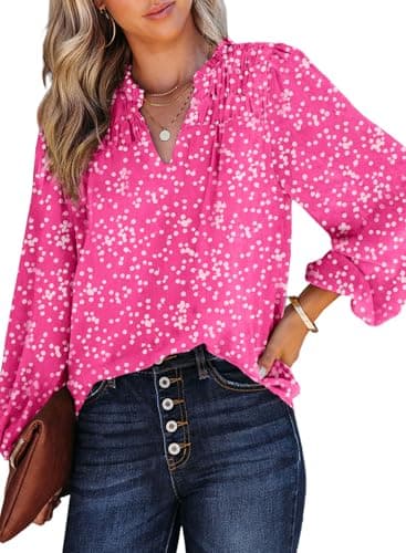 Dokotoo Womens Work Business Chiffon Blouses and Tops Loose Fit Dressy Alicia Floral Print V Neck Smocked Long Sleeve Shirts for Women Office Boho Top Trendy Pink Large - Image 1
