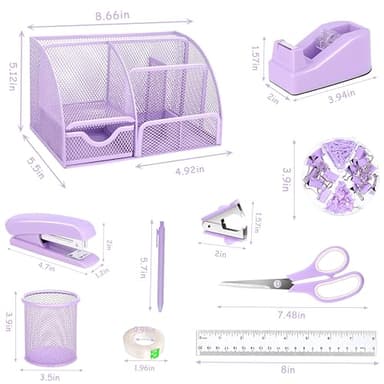 Purple Office Desk Accessories Supplies, 12pcs Desk Organizers and Accessories with Tape dispenser and Stapler,Staples,Staple Remover,Pen Holder,Scissor,Ruler,Sticky Tabs,Tape,Ballpoint Pen,Clips Set - Image 2