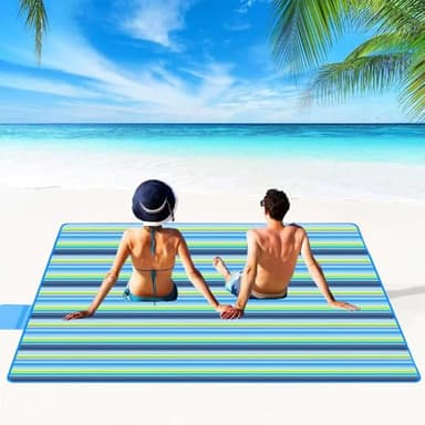 Extra Large Beach Blanket Outdoor Picnic Blankets, Light Foldable Waterproof Sand Free Picnic Mat Beach Mats for Family Festival BBQ Park Grass Lawn Camping Hiking Travel Concerts (BLUE 2, 80x80 in) - Image 2