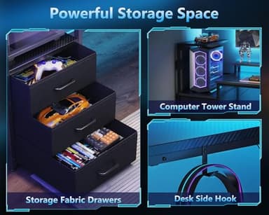 AODK 59 Inch Gaming Desk with USB Charging Ports & LED Light- Reversible Computer Desk with Storage Shelves & Monitor Stand, Modern Gamer Desk Table with Fabric Drawers & Side Hook, Carbon Fiber Black - Image 6