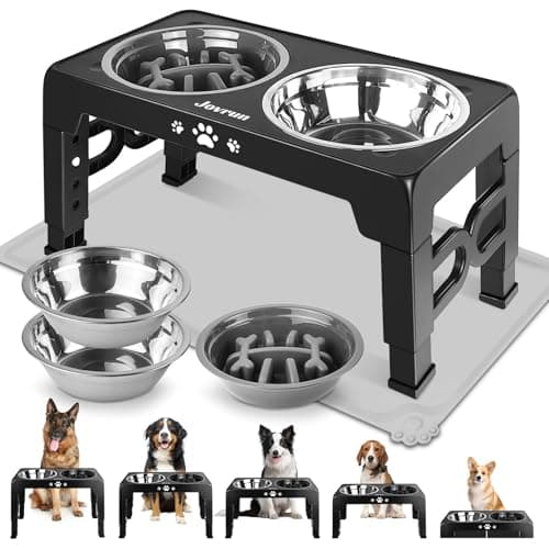 Jovrun Elevated Dog Bowls, Dog Feeder with 2 Stainless Steel Dishes &1 Slow Feeder Bowl, 5 Heights Adjustable Raised Stand for Medium Large, Food Dishes with Non-Slip Feet - Image 1