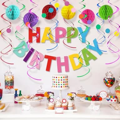 LITAUS Colorful Birthday Decorations Kit - 16-Piece Set with Pre-Strung Happy Birthday Banner, Honeycomb Balls, Garland & Swirls | Rainbow Theme Party Supplies for Women Men Kids, Teens Adults - Image 5