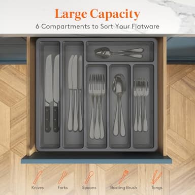 Lifewit Silverware Organizer with Lid, Covered Utensil Tray for Kitchen Drawer and Countertop, Plastic Cutlery and Flatware Storage Box for Spoons Forks Knives Holder Case, 6 Compartments, Gray - Image 4