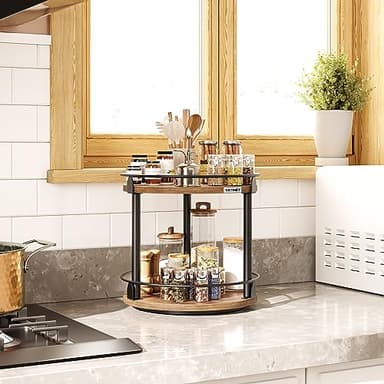 YATINEY Lazy Susan Organizer, Rotating Spice Rack, 2 Tier Spice Turntable Organizer, Industrial Turntable Spice Holder, for Kitchen Countertop and Cabinet, Compact and Versatile, Rustic Brown SR22BR - Image 2