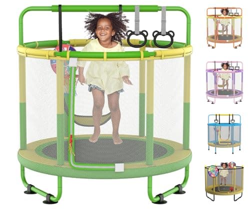 60" Trampoline for Kids, 5ft Toddler Mini 6-in-1 Trampoline Indoor Outdoor with Swing, Basketball Hoop, Dart Board, Rings, Christmas Toys Birthday Gifts for Girls Boys - Image 1