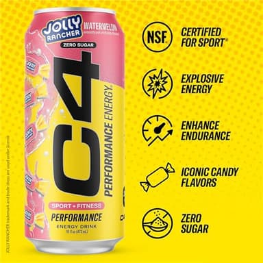Cellucor C4 Performance Energy Drink | JOLLY RANCHER Watermelon | Zero Sugar Carbonated Preworkout Energy | 200mg Caffeine with Beta Alanine | 16 Fl Oz (12 Pack) - Image 3
