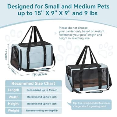 PETSFIT Soft-Sided Cat Carriers & Car Seats with Patent Safe Buckles, Clip-On Harness，18"x11"x11" Airline Approved Pet Carrier - 9 lbs Capacity (Cyan Blue) - Image 5