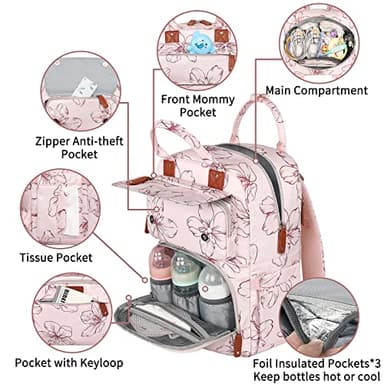 Diaper Bag Backpack, Baby Girl Diaper Bag for Mom, Large Pink Floral Diaper Bag Backpack for Girls, Waterproof Mom Backpack for Work Travel Holiday with Insulated Pockets and Stroller Straps - Image 4