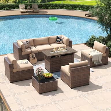 Aoxun 8 Piece Patio Furniture Set with 44” Fire Pit Table Wicker Rattan Outdoor Sectional Sofa Set with Coffee Table and Thickened Cushions, Beige (Waterproof Cover Included) - Image 9