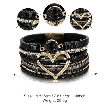 Leopard Bracelet for Women, Boho Leather Wrap Multi-Layer Pearl Crystal Bracelet Bangle Jewelry (Heart Leather(Black)) - Image 7