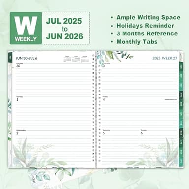 SUNEE Academic Planner 2025-2026 Weekly and Monthly, July 2025-June 2026, 8.5"x11", Tabs, Note Pages, Pockets, Bookmark, Flexible Cover, Spiral Binding, Greenery - Image 2