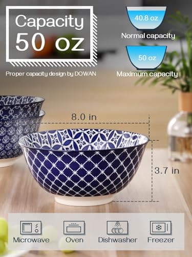 DOWAN Serving Bowls, Ceramic Large Salad Bowls Set, 8 inch 50oz Soup Bowls Set of 3 for Pho, Ramen, Pasta, Stackable and Microwave Safe, Home Kitchen Gift, Vintage Blue - Image 3