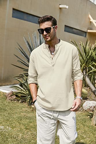 COOFANDY Men's Linen T-Shirts Long Sleeve Casual Beach T-Shirts Lightweight Summer Tops for Men Beige - Image 4