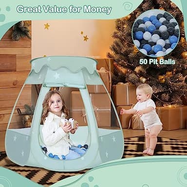 Wilhunter Baby Ball Pit for Toddler with 50 Balls, Kids Pop Up Play Tent for Girls, Princess Toys Gifts for Children Indoor & Outdoor Playhouse (Celadon: Gray/White/Babyblue, 109x90cm/50 Balls) - Image 2