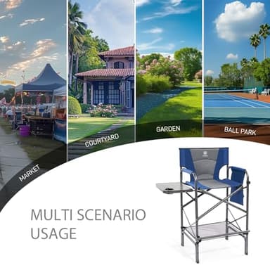 EVER ADVANCED Tall Folding Chair 30.7" Seat Height Directors Chair High Foldable Bar Stool for Makeup Artist Face Painting with Side Table Cup Holder and Storage Pocket Supports 350LBS (Blue/Grey) - Image 7