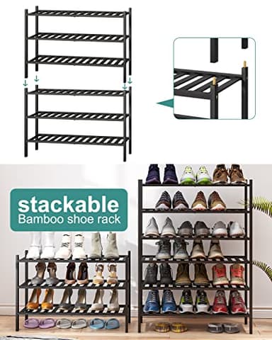 3-Tier Black Bamboo Shoe Rack for Entryway, Stackable | Foldable | Natural, Shoe Shelf Storage Organizer for Hallway Closet, Free Standing Shoe Racks for Indoor Outdoor - Image 6