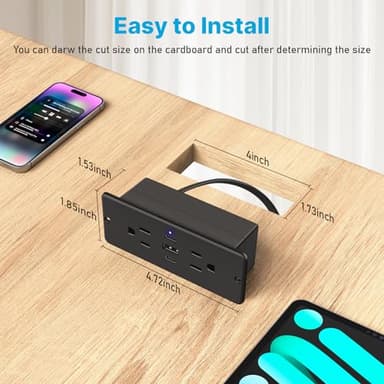 CCCEI Recessed Power Strip with Outlet and USB C Ports, Furniture Flush Mount Power Strip, Small Desk Hidden Outlet for Conference Table, Nightstand, Black, 10FT. - Image 5
